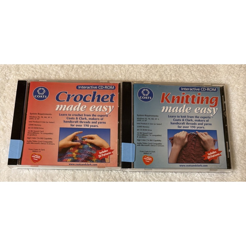 Coats & Clark Crochet & Knitting Made Easy 2002 PC CD ROM Lot Of 2 Crafts WIN